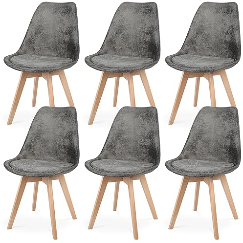JIJIAN 6er Set Esszimmerstühle aus Wildleder mit Kissen und Holzbeinen Küchenstühle, Moderner Nordic Stil für Esszimmer, Küche und Wohnzimmer