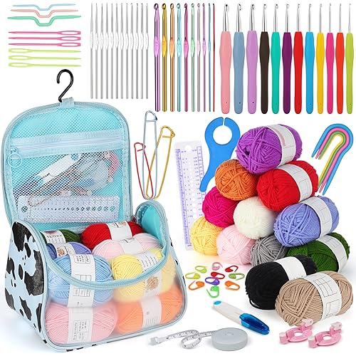 Aeeque Häkelset für Anfänger mit Acrylwolle, Häkelnadeln Set mit Zubehör, Tasche, Häkelnadel zum Häkeln für Decken Mützen Pullover, Leichte Häkeln Set Ergonomische 0,6 mm - 8,0 mm