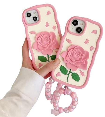 HYHMXB Phone Case Compatible with iPhone 14 Pro Max, Super Elengent 3D Rose Flower Pattern Soft Silicone Shockproof Bumper Anti-Scratch Strong Protective Cover with Chain Bracelet for Girls Women
