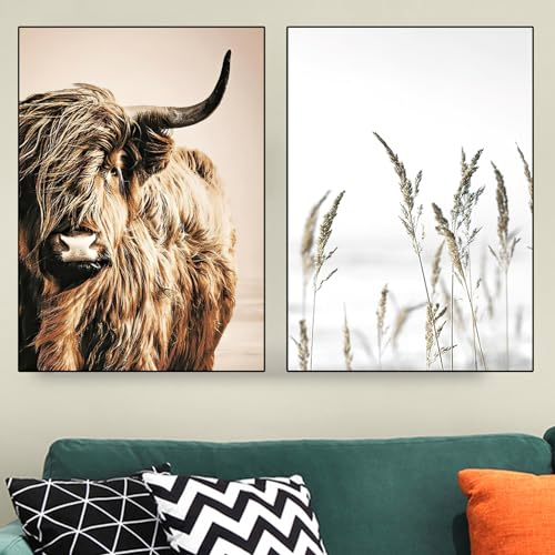 VTRXEG Highland Cow Leinwand, Modern Nordic Highland Kuh Kunstdrucke Poster,Für Wohnzimmer Schlafzimmer Wand Dekorative Bilder Ungerahmt (A, 2x30x40cm)