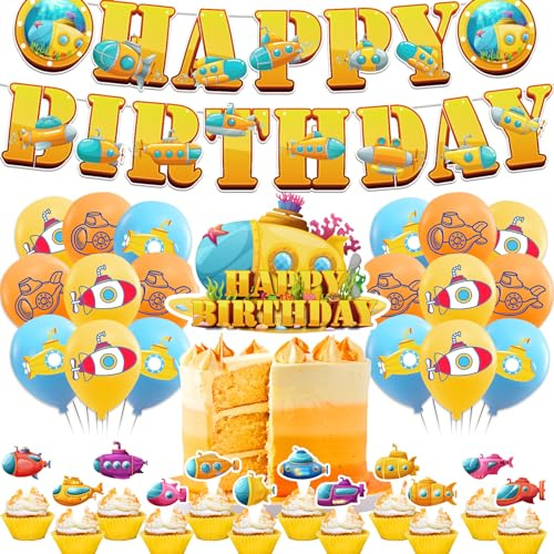 U-Boot Party Dekorationen U-Boot Geburtstag Party Zubehör Inklusive U-Boot Happy Birthday Banner Kuchen Topper Cupcake Toppers Ballons für Ozean Theme Party Baby Dusche Dekorationen