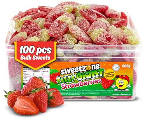 Sweetzone Fizzy Giant Strawberries 800g 100pcs | Fizzy giant strawberry gummies, sour fruit chews, Halal bulk tub, party pick and mix, soft chewy sweets for kids adults