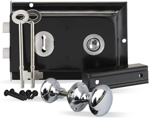 Haven Heritage Deadbolt Door Lock - Shed Lock, Garden Gate Lock with Key, Rim Lock Door Knobs, Gate Dead Bolts & Rim Locks with Keys - Rim Lock Black Chrome + Knob Chrome