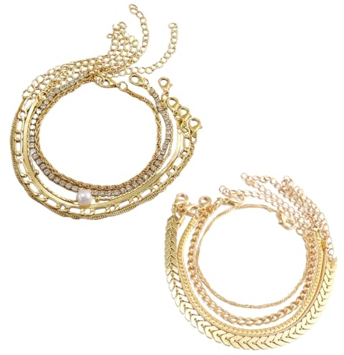 HSIXHAF 11 Stück Armband Damen Gold 14 K Vergoldet Stapelarmbänder Edelstahl Figaro Perlen Ketten Armbänder Verstellbare Armband Set Wasserdichter Gold Schmuck für Damen, Böhmischer Stil