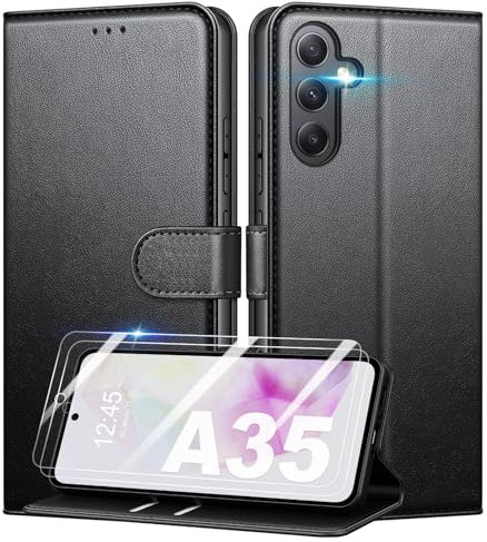 Mofurd Cover per Samsung Galaxy A35 5G Libro in Pelle PU, [con 2 Pezzi Pellicola Vetro Temperato] Custodia Portafoglio Antiurto [Blocco RFID] [Funzione di Supporto] [Slot Schede], Nero