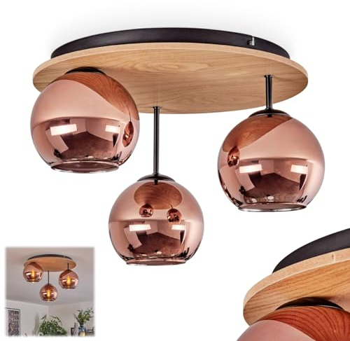 Deckenleuchte Koyoto, Deckenlampe aus Metall/Holz/Glas in Schwarz/Natur/Kupferfarben, Leuchte im modernen Retro/Vintage-Design mit Schirmen aus Glas (Ø 15 cm), 3 x E27, ohne Leuchtmittel