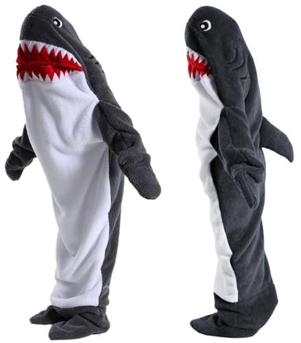 Shark Blanket, Hergestellt aus Superweichem, Bequemem Flanell Hai Decke zum Anziehen Hai Overall, Hai Deckenkapuzenpullover,Hai Schlafsack Tragbare Decke für Erwachsene und Kinder (Dunkelgrau)