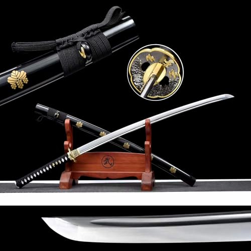 103cm handgefertigte Samurai-Schwert,Federstahl klinge mit Blutrille,Massivholz scheide mit bemaltem Muster,echtes Katana-Schwerts für Spielen,Sammeln,Rollenspielen,Selbstverteidigung,Schenken,Display