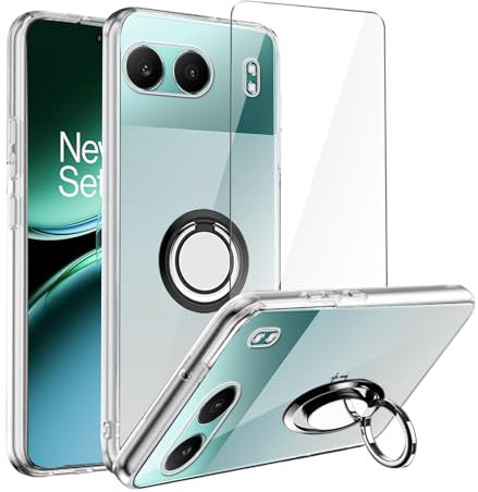 LYZXMY Coque pour OnePlus Nord 4 5G(6.74) Transparent Housse + Support de Bague rotative+ Verre trempé Protection écran