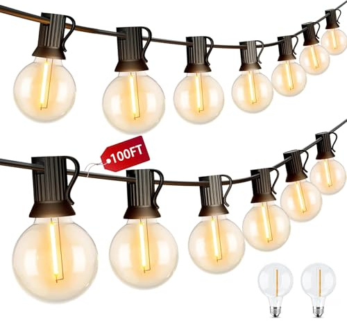 SUPERFA 30M/100FT Outdoor Festoon Lights with 50+2 G40 Shatterproof LED Bulbs, Mains Powered Waterproof Garden String Lights for Garden Party, Wedding