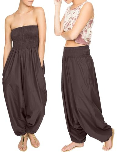 likemary Jumpsuit Damen Sommer – 2-in-1 Baumwoll Jumpsuit wird zur Haremshose – Lang geschnitten mit Taschen – Boho Pumphose Overall Einteiler für Urlaub & Alltag - Schokoladenbraun