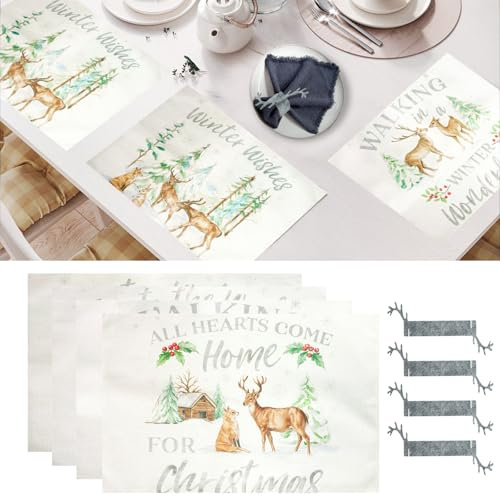 Elch Weihnachten Tischsets,8 Stück Weihnachten Tischset Einstellung,30 x 45cm,4 x Hirsch Tischsets + 4 x Hirsch Ring für Serviette,Abwaschbar, geeignet für Küche,Tisch und Party
