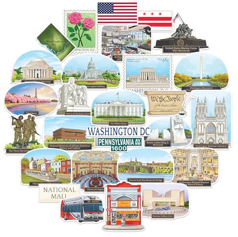 Navy Peony Monumental Washington DC Travel Stickers (28 pcs) - Watercolor, US Capital City, American-Themed Decals for Scrapbooking, Journals, Laptop