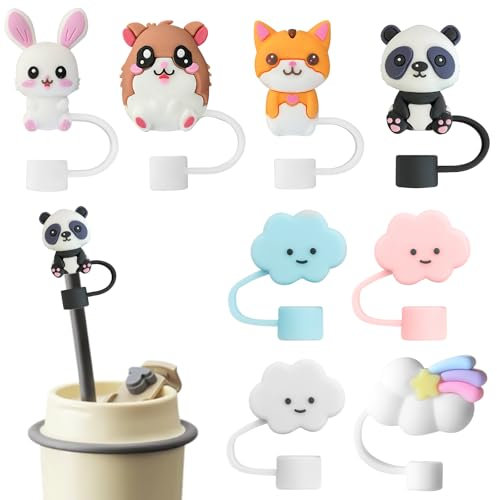 Jinsion 8 Stück Silikon Strohhalm Abdeckung für Stanley Cup, Wiederverwendbare Staubdichte Strohhalm Zubehör, Tiere & Wolken Stroh Abdeckung Accessories, 10 mm Durchmesser