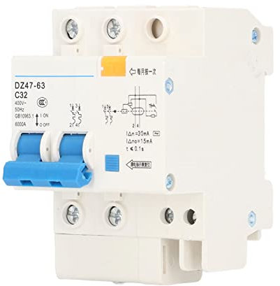 Disjoncteur, C32 2P+N 32A Disjoncteur Miniature Protection contre les Défauts de Terre Interrupteur d'air Interrupteur de Protection contre les Défauts de Terre PA66 Disjoncteur