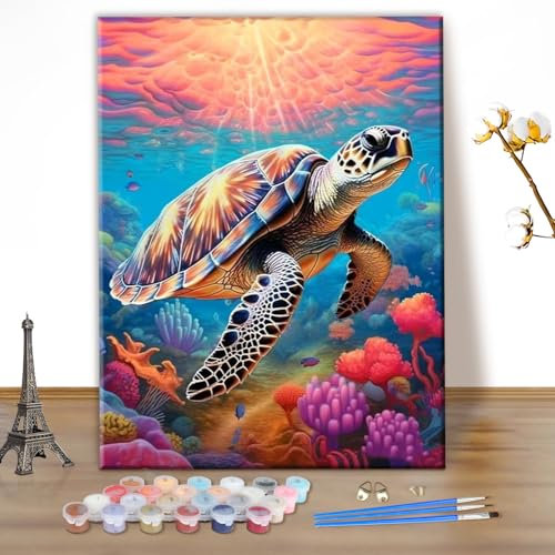 MEIYUDA Peinture par Numero Adulte Tortue Marine, Diy Peinture Acrylique pour Adultes Débutants Facile sur Toile Avec Peintures et Pinceaux Decoration Maison Cadeau 30x40cm(sans Cadre)