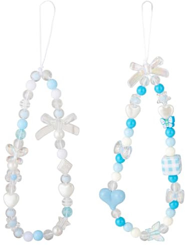 Onperpoe 2 PCS Phone Charm Strap Cute Crystal Beads Phone Charm Bracelet Phone Lanyard Wrist Strap Aesthetic Phone Chain Accessories for Women Girls Keychain, Backpack, Wallet Decoration (Heart Bow)