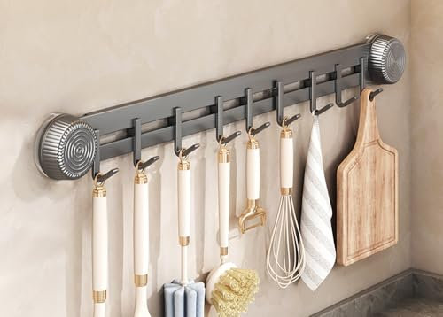 LNGFSH Hakenleiste Küche ohne Bohren Saugnapf, Küchenleiste Beweglichen Haken, Küchenstange Hängeleiste küchenreling aus Kohlenstoffstahl für Küchenutensilien (Grau,mit 9 Haken 50cm)