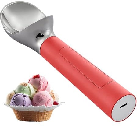Heated Ice Cream Scoop Rechargeable, Electric Warming Ice Cream Scooper with LED Display, Heats to 70°C for Hard Ice Cream, Easy for Seniors & Kids, IP67 Waterproof (Red)