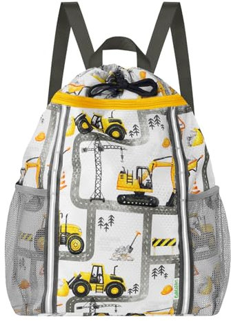 WAWSAM Turnbeutel Kinder junge, Bagger Wasserdichter Sporttasche mit Innentasche Aussentasche, 2 Wasserflaschen-Netztaschen für Schule, Strand, Schwimmen und Reisen