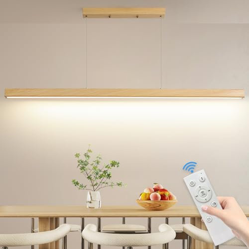 Mikeru 150cm Linear Pendelleuchte,10% Bis 100% Dimmbare LED Pendelleuchten Höhenverstellbar mit Speicherfunktion 3000k/4500k/6500k Holzmaserungstransfer Deckenlampe Billard Lampe für Küche