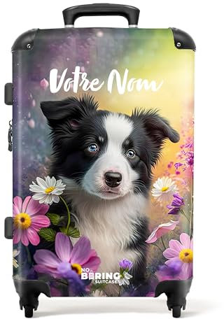 NoBoringSuitcases.com Valise Enfant, Grande Valise, Valise Personnalisable, Valise Enfant Fille, Serrure TSA, Valise 23kg, Valise Rose, Valise Grande Taille (67cm - 72L) (Border Collie - Multicolore)