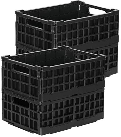 PAG-Mass 4-Pack Heavy Duty Stackable Storage Crates, Garage Plastic Organizing Bins, Storage Containers for Home, Office, Moving Supplies, Black