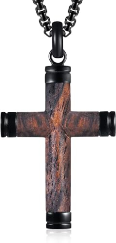 NEHZUS Echtes handgefertigtes Ebenholz-Kreuzanhänger für Herren - Religiöser Schmuck aus Koa-Holz & rostfreiem Edelstahl, Taufgeschenk mit Lederkette, Alltagstaugliches Design für besondere Anlässe