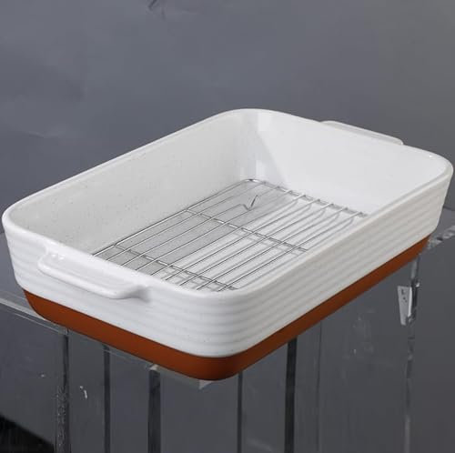 MALACASA Ceramic Casserole Dishes with Roasting Racks, 4.5L Deep Baking Dishes for Oven, 9 x 13 Inches Lasagne Dish with Handles, Rectangular Bakeware, Khaki White, Series Tara