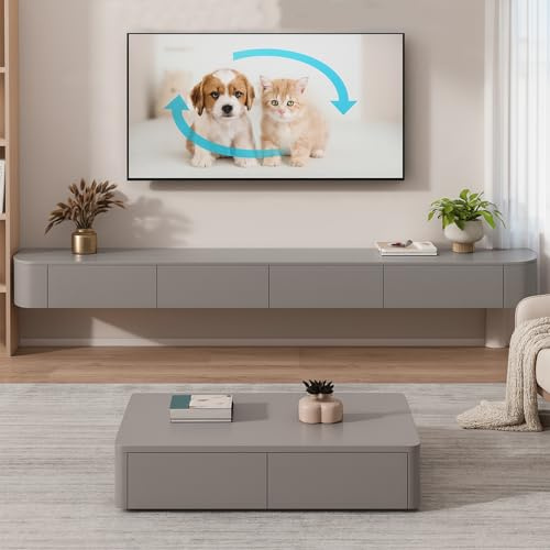 Ecoxsnz Wall Mounted TV Unit Grey Floating TV Cabinet with Storage | Floating TV Stand with Flip-Down Doors, TV Media Console Storage Unit for Living Room, Modern Entertainment Centre