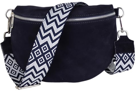 MIRROSI Damen Bauchtasche aus Wildleder, Made in Italy. Als Umhängetasche, Brust- oder Schultertasche tragbar, 26x20x8 cm, Reißverschlussfach hinten. (Upgrade Version: Wildleder Navy Boho)