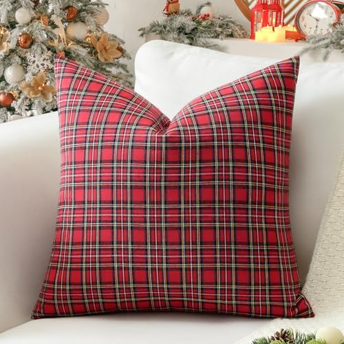 Sungeek 1 Stück Weihnachten Schottisches Karo Kissenbezug, Plaid Tartan Dekorativ Zierkissenbezüge Kariert Kissenbezüge Dekokissen Deko Bezug Kissenhülle für Sofa Schlafzimmer 40x40cm (Rot B)