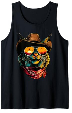 Bobcat avec Lunettes de Soleil Chapeau Cowboy Paysage Désert Débardeur