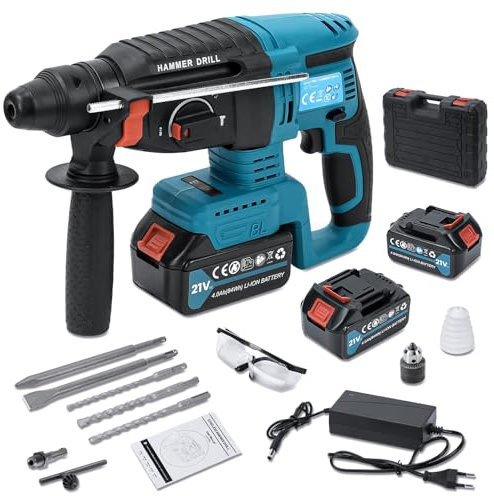 Marteau Perforateur Sans Fil 21V 4000 mAh*2 Batteries, énergie de Frappe 2,8 J,Moteur de Marteau Perforateur Sans Balais, Adaptateur SDS-plus avec Mandrin de Perçage