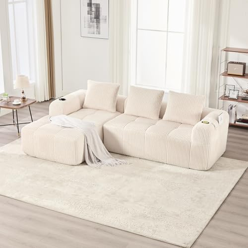 FammyLoft Fullkomprimerad hörnsoffa, L-form med sidofickor, modulär soffa, utan montering, Corduroy, 253 cm, beige