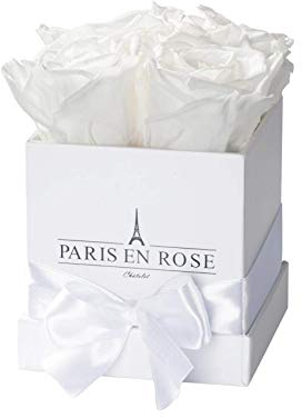 PARIS EN ROSE Rosenbox | mit Vier weißen Infinity Rosen Größe XL | konservierte ewige Rose | eckige weiße Box mit Band | 3 Jahre haltbar