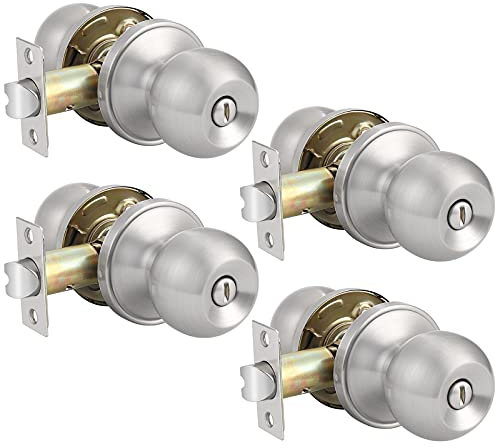 Probrico 4 Pack Interior Privacy Door Knob for Bedroom Stainless Steel Bathroom Door Knobs Round Door Lock Set Without Key Satin Nickel