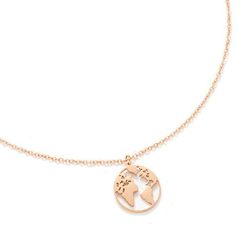 Kim Johanson Edelstahl Damen Halskette *Weltkugel* in Roségold mit Einer Weltkarte Travel Boho Schmuck Kette verstellbar inkl. Schmuckbeutel