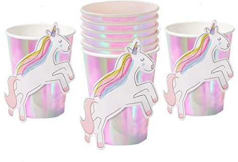 Coterie Unicorn Party Cups (Set of 10) - Unicorn & Birthday Party Supplies | 9oz Iridescent Cups with Glitter Stick-On Unicorns | Paper