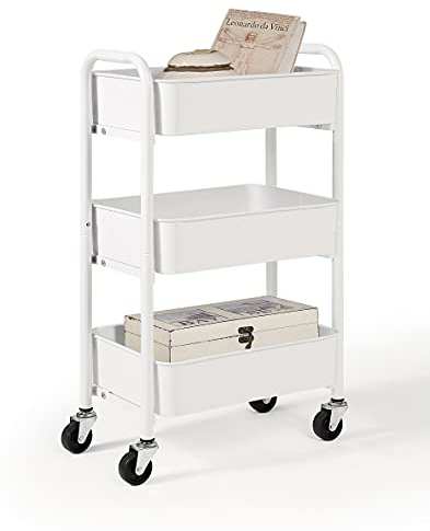 SunnyPoint 3-stöckiger, zarter, kompakter Rollwagen aus Metall – mobiler Mehrzweckwagen für Küche/unter dem Schreibtisch mit Rollen (WHT, kompakt (39,4 x 68,1 x 26,1 cm)