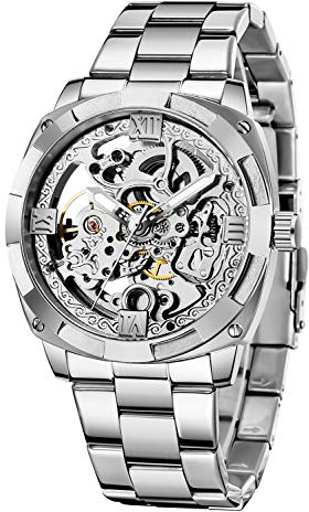 Tiong Automatik Uhr Herren Mechanische Skelett Glasboden Römische Zahlen Diamant Zifferblatt Wasserdicht Schwarz Männer Armbanduhr mit Edelstahl Uhren (silber1)