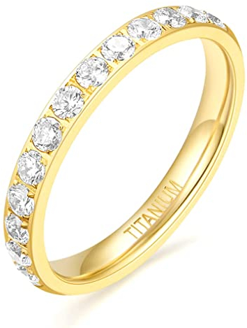 Zakk Eternity Ring 3mm Damen Ewigkeitsringe Titan Verlobungsringe Eheringe Trauringe Memoirering mit Zirkonia Silber Gold Rosegold (Gelbgold-halb Zirkonia, 55 (17.5)