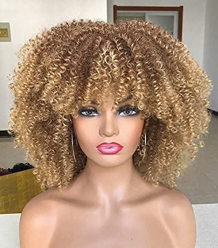 Ombre blonde lockige Afro-Perücke, kurz, gelockt, mit Pony, für schwarze Frauen, lockige Perücke, 35,6 cm, synthetische hitzebeständige Faser-Perücke
