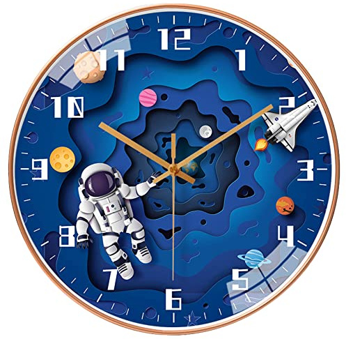 QINFIEY 12 Inch Silent Movement Kids Wall Clock, Non Ticking Children Round Wall Clock Battery Operated Space Travel Style Decor Children Clock for School Boys Bedroom Living Room Space Decor (Blue)