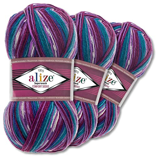 Wohnkult Alize 3x100g Superwash Comfort Sockenwolle 33 Farben zur Auswahl EIN-/Mehrfarbig Pullover Kleidung Wolle (4412)