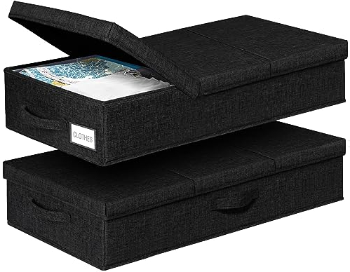 punemi Unterbett-Aufbewahrungsbehälter, niedriges Profil, Unterbett-Aufbewahrungsbox mit Deckel, groß, stabil, Kleiderschublade, Organizer für Schlafsaal, Couch, Schrank, Keller, Schwarz, 2er-Set
