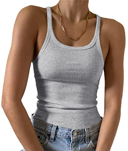 Artfish Ärmelloses Damen-Tanktop, figurbetont, U-Ausschnitt, gerippt, Basic-Cami-Shirts, 02# Full Length Heather Grey, Klein