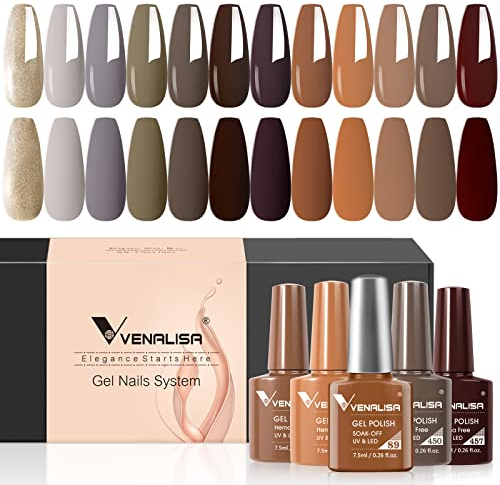 VENALSIA UV Nagellack Set 12 Gelnägel Farben Fall Winter purple Orange Maroon Red Grey Brown Gold Glitter Long Lasting Gel Nagellack UV Set nude Jelly Gel für Maniküre Nageldesign