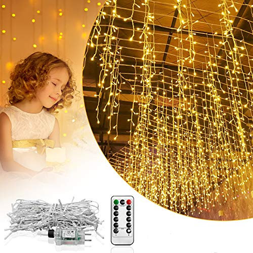 HENGMEI Regentropfen Lichterkette Lichterwand, 5m 200 LED Warmweiß mit Fernbedienung 8 Leuchtmodi IP44 Wasserfest Innen/Außen für zimmer Dekor, Weihnachten, Halloween, HM-VC-HAG3106W