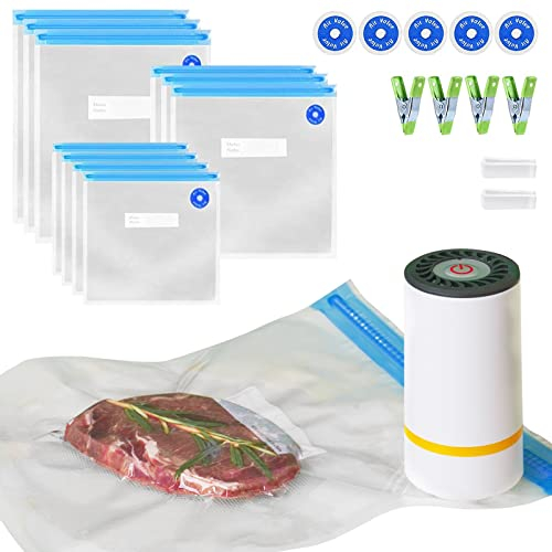 Kiwinvou Electric Food Vacuum Sealer with Reusable Vacuum Food Storage Bags for Sous Vide Cooker -10 PCS Reusable Vacuum Sealer Bags, 4 Clips & 2 Sealing Clips, Rechargeable Vacuum Sealer Set